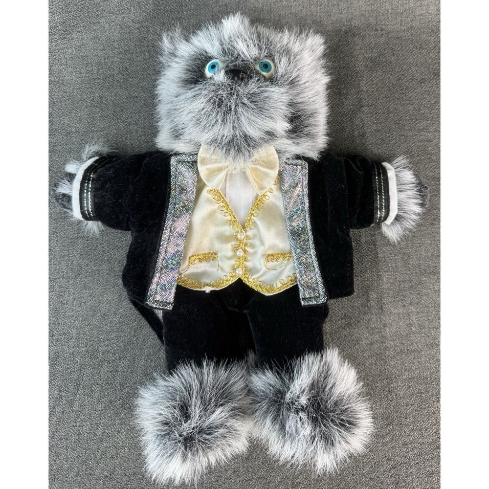 Oshko 11" Plush Furry Creature Hand Puppet In Tuxedo Blue Eyes Wolf Or Cat
